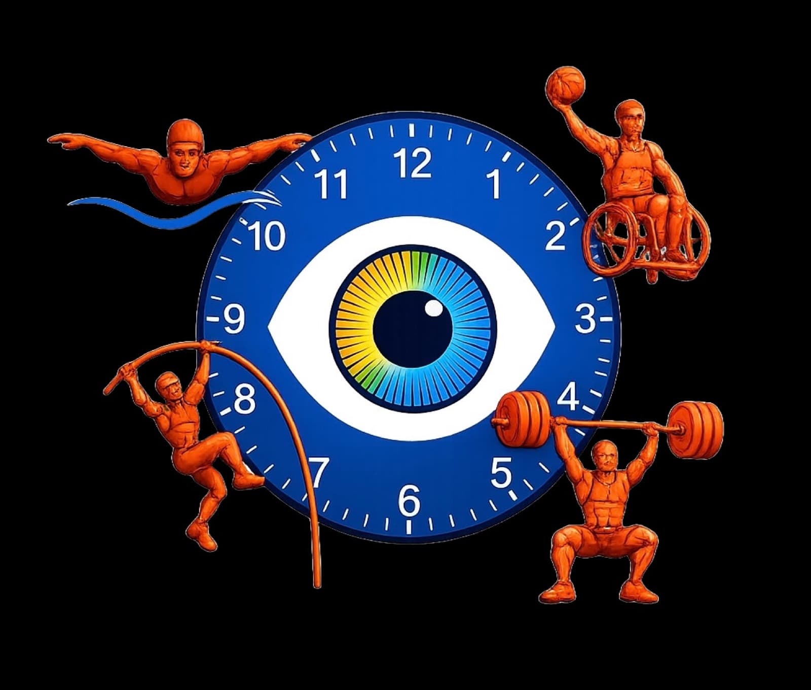 ChronoBlue-Logo: eine blaue Uhr mit regenbogenfarbenem Auge, umgeben von Athleten-Figuren